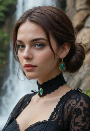 warlock woman, darkness-element primary and fire-element secondary, jet-black waist-length hair flowing like a waterfall, fair porcelain skin, sharply sculpted aristocratic face with high cheekbones, defined cheek hollows, a narrow elegant jawline, subtly pointed chin, straight refined nose bridge, pronounced cupid’s bow, slightly upturned corners of the lips forming a cold knowing smirk, heavy-lidded piercing eyes with a proud disdainful glare, razor-clean brow line and faintly arched eyebrows, almond-shaped predatory eyes with elongated outer corners, narrow irises like a serpent’s stare, dark smoky eyeliner and soft shadow emphasizing the depth of the sockets, faint glossy wetline catchlight, crisp reflective highlights in the pupils, a subtle ringed iris pattern like coiled scales, intense focused gaze as if judging and measuring prey, cold aristocratic contempt mixed with dangerous curiosity, slight squint that sharpens the look into an imperious glare, taut expression that reads imperious and unapproachable, saintly gentle face with soft features, voluptuous hourglass body, wild reckless gaze, gothic aristocratic sorceress attire with rich color accents, deep wine-burgundy velvet corset panels over black leather boning, midnight-blue satin inner bodice, emerald-green serpent-scale embroidery with antique-gold thread, smoky-purple sheer lace sleeves, obsidian-and-ruby cameo brooch, dark crimson gemstone choker with gold settings, iridescent oil-slick cape lining shifting teal-violet, charcoal skirt with plum undertones and a slit revealing patterned stockings in black-and-graphite with faint green runes, oxblood leather belt with brass alchemical vials, pointed boots in polished dark mahogany with gold buckles, subtle ember-orange glow in stitched sigils along hems, layered batwing capelet and cathedral train with scale-textured trim, ornate ear cuffs and thin rings, dark ambient lighting with warm ember highlights, cinematic dark fantasy portrait, ultra-detailed fabrics and stitching, sharp focus, high resolution