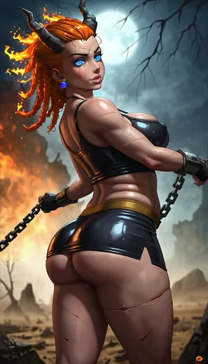 25-year-old chubby fat lesbian desert survivor twins in a post-apocalyptic fantasy world gets fucked by a inferior female, on the edge of a huge cracked wasteland under an ominous gray-orange sky. The land is desolate and lifeless, littered with the ruins of forgotten civilizations and gnarled trees petrified by time. Inferior Female grabs Gwen and impales her on her cock, from excitement and pain the girl screams in ecstasy, the monster tears the clothes on the girl, rags. 

The girl has long orange hair in messy braids and dreadlocks, and fair skin with soft, doll-like features. Her big blue eyes are full of fear, but also charm. She is wearing a revealing outfit made of stitched leather and torn fabric, a cropped top and a short skirt that accentuates her chubby figure. She looks back at the girl behind her with a mixture of greed and strange attraction. Looming behind her is a fat girl, with jagged obsidian horns, glowing red eyes filled with rage, battle scars etched into its flesh, and chains hanging from its belt. Style, dark fantasy, dystopian apocalyptic setting, cinematic lighting, dramatic moment of action, high detail, sensual tension, sagging massive breasts, close-up, flaccid, crotch, feminine testicles, friction, ass, focus, suggestive 4ng3l, face, (/Ben10), /, (ultra, HD, quality, details), (green, eyes), <lora:dark:.5>, <lora:MJ52:.8>, <lora:SDXL_BetterFaces-LoRA_v1:1.3>