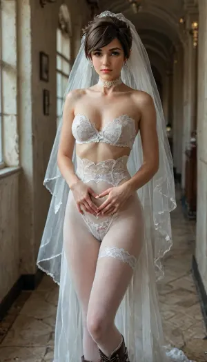 Super realistic 8k style, score_9, score_8_up, score_7_up, FILM PHOTOGRAPHY STYLE, cinematic photo photo woman, professional portrait photography, tracer from overwatch, naked, tight_fitting lace wedding dress and wedding veil, stomach_cutout, white knee-high leather boots with turn-up collar, white pantyhosed, extreme cameltoe, <lora:detailed_notrigger:1>, <lora:add-detail-xl:.8>, <lora:LCMTurboMix_Euler_A_fix:.8>