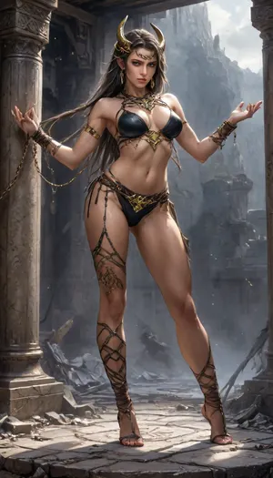 charactor card for TTRPG Guilded frame, Marvel comic Style Cover Art Concept for Elyndra, The Wind Vanguard, (photorealistic), World of warcraft art style Visual Elements, Main Character – jade an exotic dancer assassin, Central to the cover is jade, (world of warcraft art), Her long straight hair fell all the way down her back past her tight ass., (dynamic dance pose), It was as black as a raven's plumage, which only made her crystal blue eyes stand out that much more. Her eyeliner was dawn out almost like the eye of Ra and her lips were painted red. She wore a sheer jade color belly dancer lingerie with gold accents that jingled with every step she took. The top looked like a gold scorpion carapace just covering her breasts. Her stomach was bare other than gold chain jewelry and a green gem in her belly that pulsated with a sparkling glow lighting up a series of calligraphy runes on her skin. Her transparent jade loincloth flowed with the slightest move or step she took hanging off her hips showing off her tiny strappy thong. Gold chains decorates her arms and thighs as well. Her feet were dressed in sandals with straps, (comic book style), standing on a pile of bones and rubble, apocalyptic background, standing at edge of colossal underground abyss, glowing Hash-Nass hive below shaped like a malignant star, scale emphasizing inevitability and threat STYLE LOCK, (Epic dark fantasy illustration, mythic science-fantasy tone, painterly realism, Luis Royo inspired, dramatic lighting, high contrast, rich textures, flowing fabrics, ancient technology disguised as divine artifacts, cinematic composition, ultra-detailed, sharp focus, no modern elements, no text, no watermark), high contrast black and white, only one character, no horns, braided, Art, by, Boris, Vallejo, <lora:Mecha_Ggorgeous_Armor-000011:2>, <lora:Braided_Sides_V1:1.8>, <lora:Fantasy_art_XL_V1:1.4>, <lora:Granblue_Collection_XL_-_Heroes:2>, <lora:Dance_Art:.8>