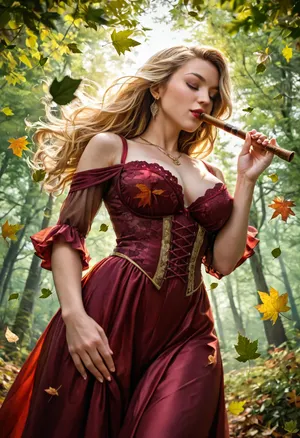 (upper body shot:1.4), score_9, from below, Masterpiece, Ultra detailed, High res, High resolution, 1girl, solo, detailed eyes, detailed face, detailed hair, realistic skin, detail lips, realistic, ultra realistic, -----------------------------------------------------------------
beautiful white woman, (pale skin), (24yo), beautiful face, perfect skin, smooth skin, long dark blonde hair with light blonde highlights, (perfectly straight hair), long hair, tendrils framing her face, large red lips, defined jawline, (light blue eyes:1.4), thin arched eyebrows, perfect feet, perfect body, gold necklace, gold dangling earrings, perfectly manicured natural fingernails, -----------------------------------------------------------------, , (Large DD-cup natural breasts), erect nipples, large round ass, (wide hips:1.2), (thick thighs:1.4), hair gently blowing in the wind, round nipples, hairy pussy, -----------------------------------------------------------------, (fully clothed), wearing a long red see-through gown, (see-through gown), (long red gown), brown leather Victorian era boots, he hair is blowing in the wind, -----------------------------------------------------------------, (playing the flute:1.4), (eyes closed), standing in an open clearing inside of a dense forest, leaves are on the ground, (the wind is swirling leaves through the air in an almost magical manner), (leaves swirling through the air), the sun is shining through the trees, (leaves are swirling around the woman:1.6), (((a whirlwind of leaves surrounds the woman))), -----------------------------------------------------------------
golden hour, backlit by the warm glow of the sun, backlight, backlit, soft natural lighting, cinematic lighting, depth of field, 85mm