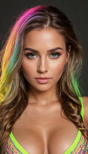 (Masterpiece), hyperrealistic render of a 25 years old woman, (sexy_raver:1.15), ((glowing fluorescent color pallet)), (full view, most of body in view), (looking at viewer), the most beautiful woman, perfect tanned_skin, multicolored hair with multicolored_streaks, long hair, beautiful model face, detailed realistic face, puffy lips, detailed eyes, large perky natural breasts, ((focus on generating perfectly sculpted breasts)), firm tits, cleavage, perfect nipple placement, (nipple symmetry), semi_toned, slender, athletic_curvy, hourglass figure, highly detailed, intricate details, (best, quality), well-proportioned, intricate small partial_hair_braid, (amazing, curves), (photorealistic), natural, beauty, glowing, fluorescent, iridescent, fluxenh4nce, face_refiner, detailxl, <lora:FLUXEnh4nce:2>, <lora:HyperFlux-000001:2>