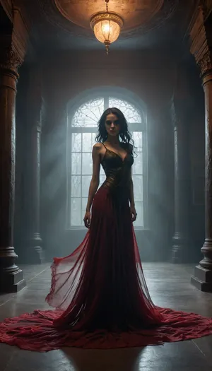 A dark, ritualistic scene inspired by Lovecraftian cosmic horror. A lone female dancer performs an otherworldly, trance-like dance in a shadowy, ancient hall. Her flowing crimson garments twist unnaturally around her body, as if moved by unseen forces. The air is thick with smoke and ash. Dim, flickering firelight reveals towering demonic entities emerging from the darkness — non-human, tentacled silhouettes with glowing eyes, partially visible through swirling mist.

Eldritch symbols are carved into stone pillars and the floor, faintly glowing with unnatural energy. Shadowy spirits and shapeless horrors hover behind her, watching, whispering. The dancer appears possessed, her movements ritualistic, summoning something ancient and incomprehensible. Reality feels unstable, bending at the edges.

Color palette dominated by deep blacks, dark crimson, sickly greens, and muted gold. Heavy shadows, low-key cinematic lighting, volumetric fog, slow drifting embers. Atmosphere of dread, forbidden ritual, cosmic insignificance. Hyper-realistic textures, dramatic camera angle from below, epic dark fantasy horror aesthetic, Lovecraftian mood.