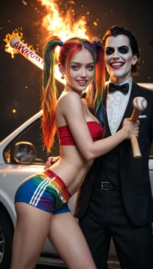 (1boy, ((Joker)), Jokerface, slim body, men's suit), //, 1girl, ((long rainbow colered hairs, high twintails hair)), (rainbow hotpants, tight bandeau top), sporty body, hourglass figure, perky ass, perky medium breasts, erect nipples, incredible legs//, hand in hand, both are crazy, baseball bats, wrecked cars, lots of damage, broken glass, fire, explosion, volumetric lighting, intricate details, perfect lighting, fine details, shot with a Leica M10 Summilux 50mm f/1.4, lifelike colors