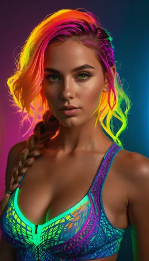 (Masterpiece), hyperrealistic render of a 25 years old woman, (intricate, sexy_skater_girl:1.25), ((glowing fluorescent color pallet)), (front view, most of body in view), (looking at viewer), the most beautiful woman, perfect tanned_skin, multicolored hair with multicolored_streaks, long hair, beautiful model face, detailed realistic face, puffy lips, detailed eyes, medium perky natural breasts, ((focus on generating perfectly sculpted breasts)), firm tits, cleavage, perfect nipple placement, (nipple symmetry), semi_toned, slender, athletic_curvy, hourglass figure, highly detailed, intricate details, (best, quality), well-proportioned, intricate small partial_hair_braid, (amazing, curves), (photorealistic), natural, beauty, glowing, fluorescent, iridescent, fluxenh4nce, face_refiner, <lora:FLUXEnh4nce:2>, <lora:HyperFlux-000001:.8>