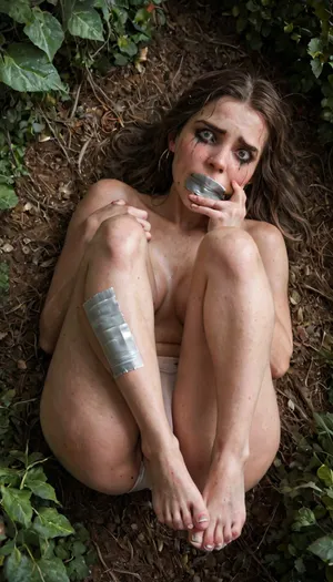 (Scared woman panicked and frightening with duct tape covering her mouth), she is laying exposed in the backseat of a car at night time, car is parked at a trailhead in the Dark Forest, (her hands are tied tightly at the wrist with rope), her pants have been ripped off, her underwear hangs Loosely from one ankle, feet up, scared, terrified, (she is crying with ruined makeup), sweaty, distraught, helpless, captive, tape, gag, gagged, absolutely, terrifying, <lora:MS_Real_XL_Taped_Lite:.6>, <lora:absolutely_terrified:.5>, Stable-Yogis-Makeup-Enhancer-XL, jitome, hosome, half, closed, eyes, squinted, narrowed, narrow, gaze, <lora:jitome:.8>, Detailed, natural, skin, and, blemishes, without-makeup, acne, <lora:skin_4-000015:.8>