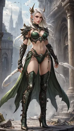 charactor card for TTRPG Guilded frame, Marvel comic Style Cover Art Concept for Elyndra, The Wind Vanguard, (photorealistic), World of warcraft art style Visual Elements, Main Character – Elyndra, Central to the cover is Elyndra, Wind Shyofrah elf. She is depicted with extremely long flowing, platinum blond hair that seems to shimmer like the breeze, and piercing eyes that reflect both courage and curiosity. she wears glalour makeup cat eye linner and mascara and cherry red lipstick, She wears a laceup, lightweight, intricate forest green leather bikini armor croped top and high rize strappy sheer green thong with leaf and elvish embroidery, and green thigh high boots, adorned—swirling patterns and feathers—symbolizing her connection to the wind and her role as a Vanguard. exposing her middrift showing off her belly piercing, arms shouders and cleavage. Holding 2 swords on light one dark The Landscape, The setting is a sweeping, fantastical landscape with floating islands, lush forests, and distant mountain ranges under a vast, swirling sky. Gentle gusts of wind ripple through the scene, emphasizing the theme of wind and movement. Color Palette, The artwork uses a palette of cool blues, silvery whites, and soft greens, evoking a sense of calm, mystery, and the elemental power thigh high armor high heel boots, standing on a pile of bones and rubble, apocalyptic background, standing at edge of colossal underground abyss, glowing Hash-Nass hive below shaped like a malignant star, scale emphasizing inevitability and threat STYLE LOCK, (Epic dark fantasy illustration, mythic science-fantasy tone, painterly realism, Luis Royo inspired, dramatic lighting, high contrast, rich textures, flowing fabrics, ancient technology disguised as divine artifacts, cinematic composition, ultra-detailed, sharp focus, no modern elements, no text, no watermark), high contrast black and white, only one character, no horns, braided, Art, by, Boris, Vallejo, Tarot, Card, Style, <lora:Mecha_Ggorgeous_Armor-000011:2>, <lora:Braided_Sides_V1:1.8>, <lora:Fantasy_art_XL_V1:1.4>, <lora:Granblue_Collection_XL_-_Heroes:2>, <lora:DUSK_XL_TAROTCARD_dadapt_cos_5e4:2>