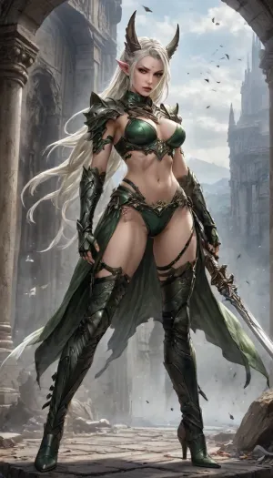 charactor card for TTRPG Guilded frame, Marvel comic Style Cover Art Concept for Elyndra, The Wind Vanguard, (photorealistic), World of warcraft art style Visual Elements, Main Character – Elyndra, Central to the cover is Elyndra, Wind Shyofrah elf. She is depicted with extremely long flowing, platinum blond hair that seems to shimmer like the breeze, and piercing eyes that reflect both courage and curiosity. she wears glalour makeup cat eye linner and mascara and cherry red lipstick, She wears a laceup, lightweight, intricate forest green leather bikini armor croped top and high rize strappy sheer green thong with leaf and elvish embroidery, and green thigh high boots, adorned—swirling patterns and feathers—symbolizing her connection to the wind and her role as a Vanguard. exposing her middrift showing off her belly piercing, arms shouders and cleavage. Holding 2 swords on light one dark The Landscape, The setting is a sweeping, fantastical landscape with floating islands, lush forests, and distant mountain ranges under a vast, swirling sky. Gentle gusts of wind ripple through the scene, emphasizing the theme of wind and movement. Color Palette, The artwork uses a palette of cool blues, silvery whites, and soft greens, evoking a sense of calm, mystery, and the elemental power thigh high armor high heel boots, standing on a pile of bones and rubble, apocalyptic background, standing at edge of colossal underground abyss, glowing Hash-Nass hive below shaped like a malignant star, scale emphasizing inevitability and threat STYLE LOCK, (Epic dark fantasy illustration, mythic science-fantasy tone, painterly realism, Luis Royo inspired, dramatic lighting, high contrast, rich textures, flowing fabrics, ancient technology disguised as divine artifacts, cinematic composition, ultra-detailed, sharp focus, no modern elements, no text, no watermark), high contrast black and white, only one character, no horns, braided, Art, by, Boris, Vallejo, Tarot, Card, Style, <lora:Mecha_Ggorgeous_Armor-000011:2>, <lora:Braided_Sides_V1:1.8>, <lora:Fantasy_art_XL_V1:1.4>, <lora:Granblue_Collection_XL_-_Heroes:2>, <lora:DUSK_XL_TAROTCARD_dadapt_cos_5e4:2>