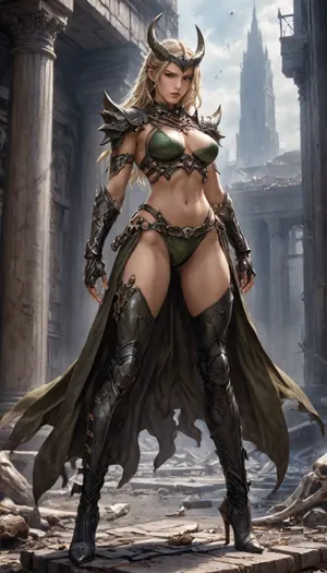 charactor card for TTRPG Guilded frame, Marvel comic Style Neferthys, (full length body shot Create striking art featuring a fierce and confident Neferthys, warrior priestess. dynamic hotsquat pose, sexy pose, She is depicted with long flowing blond hair with braided sides, clad in her iconic olive green leather lingerie bikini armor, wearing long sleeveles open brown trench coat floting in the wind, and thigh high armor high heel boots, standing on a pile of bones and rubble), apocalyptic background, standing at edge of colossal underground abyss, glowing Hash-Nass hive below shaped like a malignant star, scale emphasizing inevitability and threat STYLE LOCK, (Epic dark fantasy illustration, mythic science-fantasy tone, painterly realism, Luis Royo inspired, dramatic lighting, high contrast, rich textures, flowing fabrics, ancient technology disguised as divine artifacts, cinematic composition, ultra-detailed, sharp focus, no modern elements, no text, no watermark), high contrast black and white, only one character, no horns, braided, Art, by, Boris, Vallejo, Tarot, Card, Style, <lora:Mecha_Ggorgeous_Armor-000011:2>, <lora:Braided_Sides_V1:1.8>, <lora:Fantasy_art_XL_V1:1.4>, <lora:Granblue_Collection_XL_-_Heroes:2>, <lora:DUSK_XL_TAROTCARD_dadapt_cos_5e4:2>