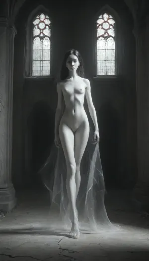 A vast, abandoned baroque palace with towering cracked columns. Peeling frescoes and soot-stained ceilings loom overhead. a lone figure emerging from the shadows. A ghost, elevated half meter over ground, pale girl, ((18yo), white painted skin, unnatural white skin, unnatural black eyes), extremely long black hair, very slender body, full nude, very short body, very small hips, very small butt, flat chest, fully nude. High-contrast chiaroscuro—cold moonlight slashes through broken stained glass, casting sharp shadows that amplify her ethereal presence. Dust motes swirl in the beams., Slight Dutch angle, full-body portrait as she vanishes into deeper shadows., mentixis, metix, ais-ghostly, <lora:mentixis:2>, <lora:Ghostly_Style_SDXL:1.2>