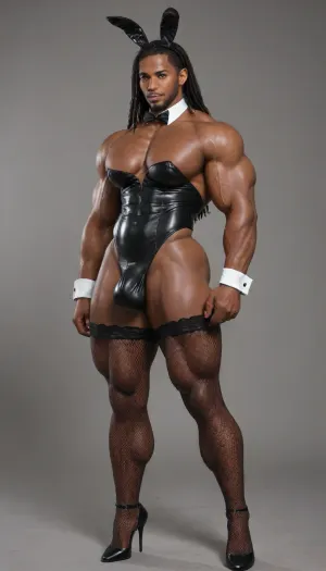 Crossdressing, man, playboy bunny, Black, African, handsome, Bunny ears, bulge, big muscles, bodybuilder. Oversized bulge. Black leather. Rubbing bulge. Cum stains. Leaking cum. Semen stains. Strapless leotard. Dark skin tone. Bodybuilder, big pecs, oversized arm muscles. Oversized pecs. Big chest. White collar. Black bow tie. White cuffs. Fishnets. High heels. Dark Skinned. Bunny tail. Black man. Dark skin. . Butt plug. White bunny tail. Oversized shoulder. Butt. Fat ass. Black leather corset over strapless leotard. Horse penis. Big balls. Equine phallus. Stocking. Garter. Long hair. Dreadlocks. Sweaty. Thick, Bodybuilder. Wide. Big muscles. Dark skin, black skin. African skin. Black, african. Ebony skin. Clean shaven, big, muscle, large, hyper, thick, limbs, thighs, arms, huge, anime, hugest, ever, muscles, . Brute. Hulking muscles. Big full balls. Oversized testicles. Balls hanging low. Dark black skin. Elf ears. gigantic black brute, only one person, only man., no woman, (tall strong muscular thug:1.1), black, dark, skin, standing up straight, <lora:bodybuilder:2>, <lora:HugeAnimeCocks:2>, <lora:Diversify:2>, stocking. Pantyhose. Horse phallus. Horse penis. Equine penis. Solo crossdressing man.