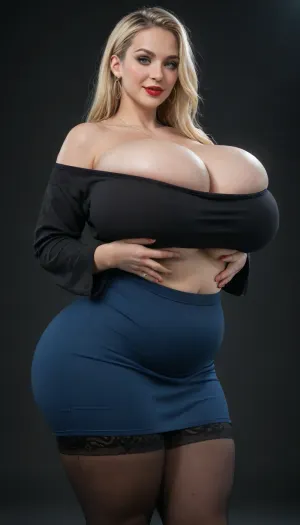 1girl, (solo), breasts, long hair, smile, (A hand on my belly), solo, blush, light blue eyes, blonde hair, jewellery, (huge breasts:1.6), sagging breast, thighs, (huge cleavage:1.5), red lipstick, earrings, (off-the-shoulder long-sleeve skin-tight lycra blue short dress), (goth), (chubby:1.3), beautiful waist, (multiple garters), (black stockings), modern apartment, dark walls, sexy pose, slutty pose, perfect hands, side view