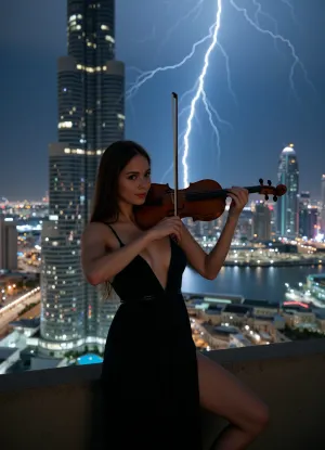 An alluring violinist passionately plays a violin on the rooftop of the, (Burj Khalifa during a thunderstorm:1.1), ., (Her gaze is penetrating), and her, (hands detailed:1.1), (bow, and violin are meticulously detailed:1.2), (face detailed:1.1), . Dubai is the backdrop, (and nighttime lightning and thunder illuminate the scene:1.1), . Filmed from above, looking down., (Top quality:1.6), (ultra detailed:1.8), (Cinematic 8K.sharp, best focus)
