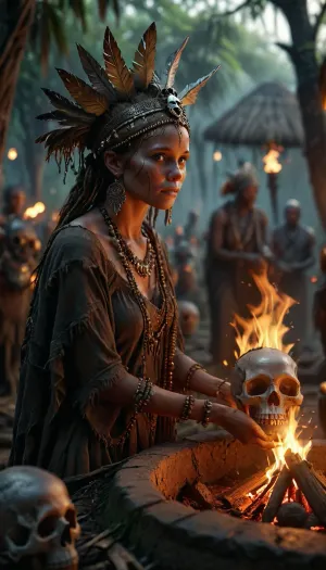 In a mystical African jungle at night, a village has gathered around an ancient sacrificial site. At the center stands the village sorceress, portrayed in high detail, wearing a headdress crafted from a skull, exuding an aura of wisdom and mystique. The scene is illuminated by a flickering fire pit, and the sacrificial grounds are adorned with skulls, shields, and other intricate details, creating a magical and eerie atmosphere. The villagers watch in reverence, and the entire setting is rich with high-resolution detail, capturing the mystical and magical essence of the moment, (maximum detail), (super realistic photo:1.4), <lora:MJ52:.4>, <lora:Super_Eye_Detailer_By_Stable_Yogi_SDPD0:.3>, <lora:Cloudy_Style:.5>, <lora:photorealistic_portrait_notrigger:.8>