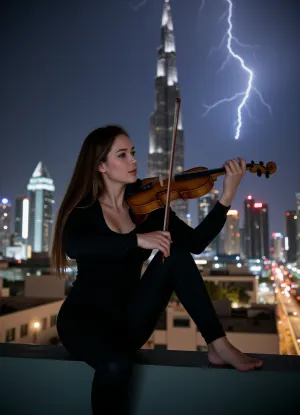 An alluring violinist passionately plays a Stradivarius on the rooftop of the Burj Khalifa during a thunderstorm. Her gaze is penetrating, and her hands, bow, and violin are meticulously detailed. Dubai is the backdrop, and nighttime lightning and thunder illuminate the scene. Filmed from above looking down. High quality. Great detail. Cinematic 8K.
