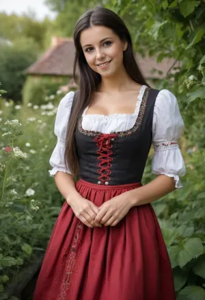 (high quality photographie), (detailed eyes), (detailed skin), (ultra sharp), one only beautiful tall 22yo woman, long natural dark hair, very straight hair, in traditional Austrian Dirndl Dress, on a sunny day on in the garden, no makeup, smiling, full body view