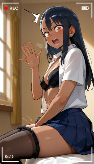 Hayase Nagatoro, view from side, open shirt, black bra, white collared shirt, pleated skirt, thighhigh socks, fingering, masturbation, panties down, small breasts, Look a viewer, shocked, raising straight hand to block the viewer, blocking the view, sitting on bed, bedroom, Model, fully clothed, recording, insert