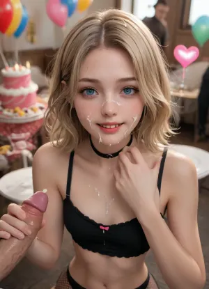 (futurist style:1.3), yellow hair 20 yo girl, neon, There's a heart-shaped pussy hole in her panties, happy, birthday, cake, candle, balloon, gift, Young thai girl, 18 years older age, beautiful face, symetric face, skinny body, slim body, fit body, big silicone tits, on her knees, tanned skin, makeup, black fishnet stockings, handjob a man, front view, upper body view, a standing man with her, (cum on face, cum on tits, cum on hair), <lora:checkpoint-e18_s594:.8>