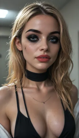 (((young))), (eyes wide open, big lips), (seductive face:2), blonde bangs hairstyle, (portrait view:1.5), slutty clothes, slim hourglass body, (side view), (big perky tits), horny face, attractive body, black choker, (black makeup:2), (blue eyes), (into the office), (big perky boobs:1.5), (plunging neckline), ((black hanging crop top with neckline)), skinny, perfect skin, beautiful face, ultra high details, hdr, natural tits, close up full body view, standing, toned body, vivid colors, Stable-Yogis-Makeup-Enhancer-XL, detailxl, detailed eyes, movie, still, film, cinematic, shot, lighting, macro, 35mm, <lora:DetailedEyes_V3:2>, <lora:AdvancedEnhancerXLv2:2>, <lora:style_lora_realis:2>