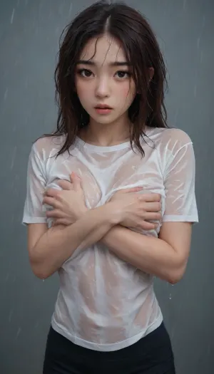 standing in rain, (asian:1.5), (skinny:1.1), (fit:1.5), (wet tshirt), black shorts, gorgeous asian face, beautiful face, model face, (large breasts:.8), (wet skin:1.1), (wet hair:1.6), bangs, (heavy rain:1.5), (shocked expression:1.1), (her hands covering own breasts), Jennie, kar1na, y0na, s3na, zena, w3t, wet, tshirt, beauty_mix1, <lora:Jennie:.9>, <lora:sayhello0o-v0.5-zena_mave-XL:2>, <lora:w3t_SDXL:.8>, <lora:Asian_Beauty XL:.8>, <lora:beauty-mix1-xl:1.5>