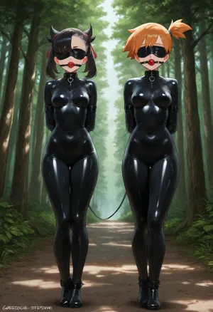 4k, highly detailed, petite girl, petite body, 2 girls from Pokemon, Marnie and Misty from Pokemon, walking through a forest, Marnie is bound in a latex catsuit, hands tied behind her back, wearing a ballgag, collar and leash, and a blindfold, Misty walks in front of her, walking Marnie on a leash, sunny day, dappled light through the trees, outdoor bondage, anime style, high resolution, NSFW theme