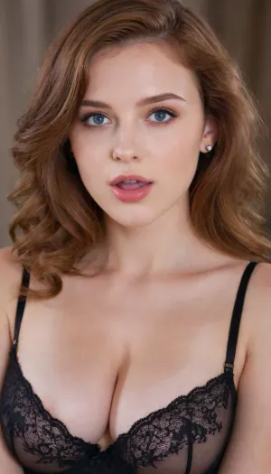 This is a highly detailed, realistic digital artwork of a young woman with fair skin and striking blue eyes. She has long, wavy auburn hair that frames her face and falls past her shoulders. She is wearing a black lace-trimmed bra that reveals her ample cleavage. Her lips are slightly parted, showing a hint of her tongue, and she has a slightly flushed, innocent expression. She wears small, delicate earrings. The background is blurred, focusing attention on her face and upper body. The lighting is soft, highlighting her smooth skin and creating a slightly glossy effect on her hair and lips. The overall style is hyper-realistic with a focus on beauty and sensuality.