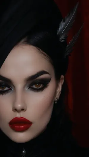 (An enrapturing portrait of an stunningly beautiful goth girl silhouetted against a black velvety backdrop, intense sensual anticipation, avant-garde high fashion goth esthetic:1.6), (focus on eyes, large expressive eyes, sensual expression, inescapable eye contact:1.2), (intricate elegant hairstyle, raven black hair:1.4), (pale creamy porcelain skin, intense eye contact, chiselled cheekbones, narrow jaw, defined jawline), (hyper-feminine delicate facial features, extremely feminine facial structure:1.6), (goth makeup, heavy smokey eye shadow, heavy mascara, bold winged eyeliner, long thick eyelashes, immaculate eyebrows, blood red lipstick, wet lip look:2), (confident seductive smirk, glistening lips), ponychar3-RBSYPV3, <lora:ponychar3-0-RBSYPV3:.8>, 4ng3l, face, <lora:SDXL_BetterFaces-LoRA_v1:.8>, dark, chiaroscuro, low-key, <lora:zavy-cntrst-sdxl:.8>, Stable-Yogis-Makeup-Enhancer-XL