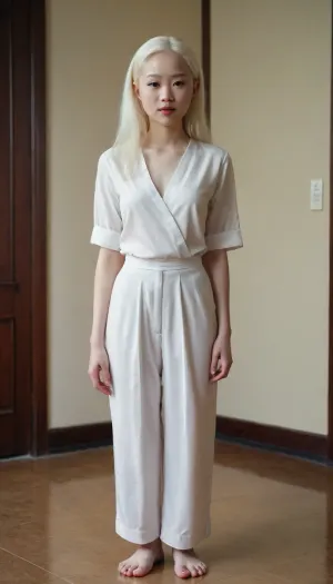 A captivating Asian woman, absolutely albino just 18-year-old 5'5-feet-height Asian woman, barefoot.