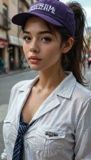 8k, score_9, score_8_up, score_7_up, FILM PHOTOGRAPHY STYLE, cinematic photography of a Indian woman, professional portrait photo realism, Clem from The Walking video game, asian, purple baseball hat with a d logo, messy dark brown hair, ponytail on her left side, eyes are almond shaped, <lora:detailed_notrigger:2>, <lora:add-detail-xl:.8>, <lora:LCMTurboMix_Euler_A_fix:.8>, <lora:style_lora_realis:.8>