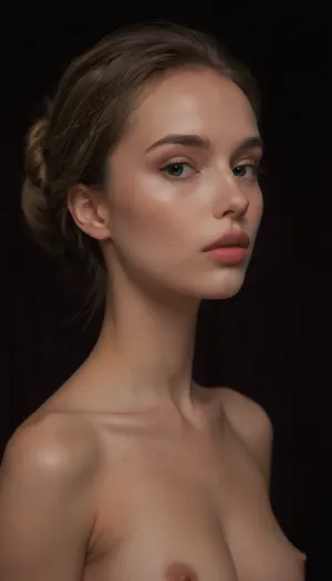 (An enrapturing nude study of an stunningly beautiful woman silhouetted against a velvety backdrop, avant-garde high fashion esthetic, intense sensual anticipation, palpable sexual tension:1.6), (focus on eyes, large expressive eyes, sensual expression, mesmerizing eye contact:1.2), (intricate elegant hairstyle:1.4), (pale creamy porcelain skin, intense eye contact, chiselled cheekbones, narrow jaw, defined jawline), (hyper-feminine delicate facial features, extremely feminine facial structure:1.8), (confident seductive smirk, glistening lips, wet lip look), (award-winning hair and makeup), (f/2.8, shallow depth of field, layered composition, strong vignette), ponychar3-RBSYPV3, <lora:ponychar3-0-RBSYPV3:.8>, 4ng3l face, <lora:SDXL_BetterFaces-LoRA_v1:.8>, dark, chiaroscuro, low-key, <lora:zavy-cntrst-sdxl:.8>, Stable-Yogis-Makeup-Enhancer-XL
