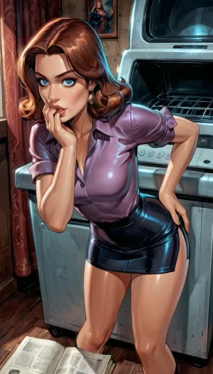 (Lois Lane), upper body shot, Adult woman with, (shoulder-length dark brown hair), slim professional build, wearing a, (purple blouse and black skirt), (standing inside a modern newsroom), (newspapers on the floor and walls), Superman photo on the wall, holding a notepad and pen, confident upright posture as if asking a question, Metropolis, small breasts, long legs, high contrast, (from behind:1.4), Lifting her skirt, black panties, from above, (bent over at the printer machine:1.4), (hand on mouth), (wide eyes), (reiq style), <lora:ratatatat74-000050:2>, <lora:detailed_notrigger:2>