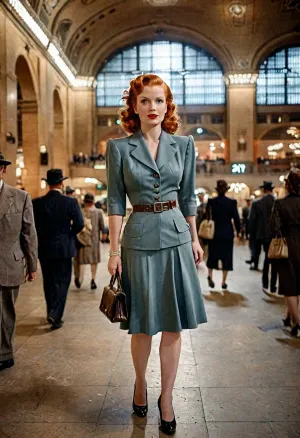 inside Grand Central, gorgeous redhead, famous actress of the 1940s, dressed in 1940s style travel outfit, 1940s travelling suit, perfect figure, 1940s makeup, 1940s entourage, authentic historical photography, original historic photography, period-accurate photo, 1940 style analog color photo, 1940 beauty standards, fully authentic photo in a 1940's era style, photographic quality, high quality glossy magazine photography, glamorous-photo, 1940s fashion magazine photo, full-body view, вид сверху под большим углом, great distance view, late night, dim lit, darkness, DonMN1gh7XL, <lora:Radiant_Darkness:1.6>, <lora:LCMTurboMix_Euler_A_fix:1.9>, <lora:style_lora_realis:.8>, <lora:Lightshow-000017:.8>, <lora:DonMN1gh7rXL-000006:.8>