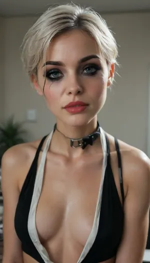 (((young))), (white short hair:1.5), slutty clothes, (black collar), slim hourglass body, horny face, (spit on her face and chin:1.4), attractive body, (black makeup:2), (blue eyes), (into the office), (face close up:1.4), (plunging neckline), (black crop top), skinny, perfect skin, beautiful face, ultra high details, hdr, natural tits, close up full body view, standing, toned body, vivid colors, Stable-Yogis-Makeup-Enhancer-XL, detailxl, detailed eyes, movie, still, film, cinematic, shot, lighting, macro, 35mm, <lora:DetailedEyes_V3:2>, <lora:AdvancedEnhancerXLv2:2>, <lora:style_lora_realis:2>