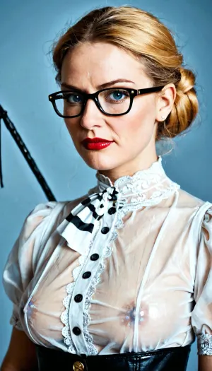 close up face portrait of a Dominatrix, 45 years old, very realistic pussy, very realistic vagina and anal, retro, Nordic sorority, British headmistress in transparent sheer body satin uniform, covering the chest completely, mature 55 years old, British headmistress, dark red lipstick, blue eyes, 45 years old Nordic woman with Victorian Edwardian shiny blonde golden hair, hair bun, pale skin, angry attitude, arrogant attitude, dominant face, bitchy face, looks disapproving at the viewer, looking at the viewer, intense stare, looking at viewer, eye contact, with a leather whip in her hand, wearing glasses, 45 years old Victorian British headmistress, wearing glasses, milf body, boobs, best quality, Victorian mature face, British Victorian headmistress, wearing transparent sheer satin transparent see trough uniform covering completely the breast, all uniform buttons close tight around breast, all buttons close, tight white shirt with all buttons tight close, tight white satin transparent sheer shirt