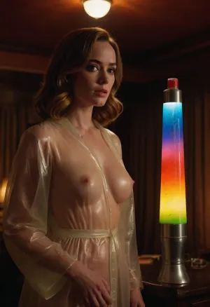 Emily Blunt showing her breast and natural hairy pussy, clear see-through raincoat, (Classic conical Lava-lamp), 60s interior, night, 1girl, 8k, photorealistic, style of a 60s hustler cover