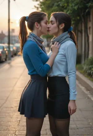 beautiful, gorgeous, 25_year_old, French woman, (Beautiful_French_woman), kissing her girlfriend passionately, in the evening, dimmed_lighting, after_sunset, reflective_skin, (wearing a blue long-sleeve shirt, scarf, skirt, pantyhose), medium_height, long_hair, dark_hair, blue_scrunchie, ponytail, blue_eyes, perfect_figure, average_breasts, small_nose, thin_lips, jewelry, flower, (girlfriend is wearing a casual dress)