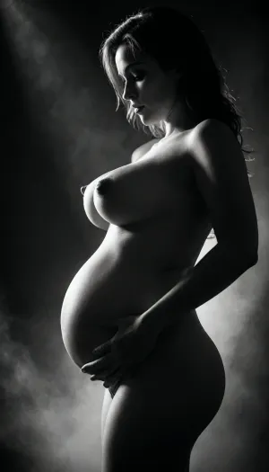 Image of a pregnant woman with big breasts, black and white, macro, silhouette, curvy body, big breasts, sexy . Dark background creating the impression of fog. lov light. distance, Low-key, lighting, Style, dim, light, low, dramatic, Split, Lighting, style, realistic proportion, ultra realistic, partially, covered, in, shadow, <lora:dim light low key style v1.1:.5>, <lora:partially covered in shadow split light style v1:.5>