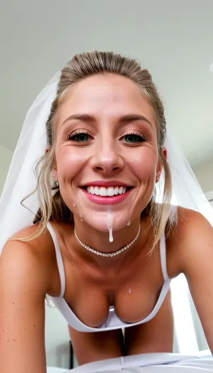 beautiful sexy slender 40 year old woman, (blonde hair, green eyes, high cheekbones), (loose hair:1.4), (short hair:.5), (wild hair:1.3), (bride:1.6), (white dress), (wrinkles:1.1), skin imperfections, wearing wedding dress, bridal dress, sexy fashion makeup, (smudged makeup:1.2), (cum on chin:1.1), (mouth full of sperm:1.2), (cum on cheeks:1.2), open mouth, cum dripping out from mouth, (cum in nose:1.1), leaning down, tilted forward, bent over, cum spitting, spit, spitstring, cumstring, (face closeup:1.7), (under girl view:1.7), (view from below:1.6), (low angle view:1.7), bottom perspective view, c size breast, (pov cumkiss:1.5), cumkiss, (pov kissing:1.8), (pov hugging:1.5), (milf:1.3), eye contact, looking at viewer, licking cum, clothed, (cuckold:1.5), cuck, wife, sexwife, hotwife, slut, whore, open eyes, standing, (standing on all fours above cuckold:1.5), (below:1.5), hands reached forward, arms spreading, white hairband, white chocker, posing, solo, leaning over viewer, perfect face, beautiful face, snub-nose, big lips, big eyes, high detailed eyes, long eyelashes, (teasing wicked grin:1.2), teeth, (sperm flows from mouth:1.2), (ceiling in frame:1.5), (downblouse:1.3), tanned skin, (red lipstick:.4), (smile:.7), (wide jaw:.5), sadist, reaching to viewer, downblouse, nipslip, <lora:RealDownblouseXL2:.8>