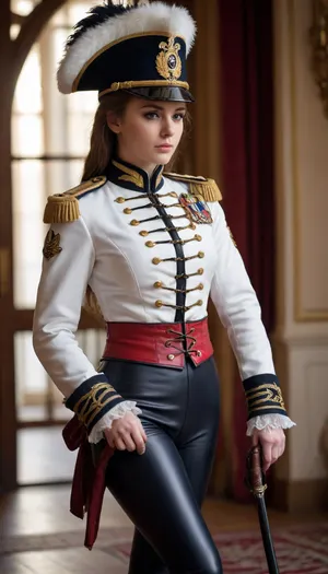 a girl, a naval officer, a short white Hussar jacket, a high Hussar shako, leather leggings, lace-up boots