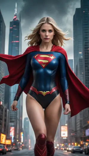 (futuristic-sci-fi image), menacingly seductive evil Supergirl, (tyrannical ruler of Earth), long blonde hair, sinister yet alluring expression, red cape, (black form-fitting skimpy steel armor, big neckline cutout), commanding presence, (flying over a sprawling futuristic city), neon-lit skyline, dark ominous clouds above, vibrant colors reflecting off buildings, (ultra-detailed), dramatic lighting, captivating atmosphere. full of hate and anger, angry and violent face expression