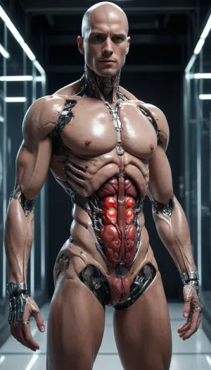 muscular male android, human skin on face, transparent robotic parts with glowing lights, mechanical body parts, guns in hand, fixed stare straight ahead, full body view, robotic penis, open chest compartment, exposed human heart. Has sex organs. Cybernetic penis. Opening in center of chest exposing heart
