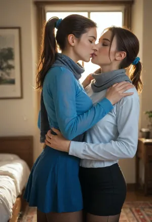 beautiful, gorgeous, 25_year_old, French woman, (Beautiful_French_woman), kissing her girlfriend passionately, in the evening, indoors, dimmed_lighting, after_sunset, reflective_skin, (wearing a blue long-sleeve shirt, scarf, skirt, pantyhose), medium_height, long_hair, dark_hair, blue_scrunchie, ponytail, blue_eyes, perfect_figure, average_breasts, small_nose, thin_lips, jewelry, groping, touching, hugging_tightly, French_kiss