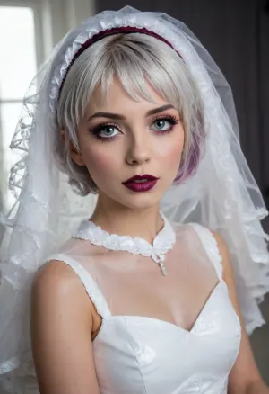 photo realistic, ((masterpiece)), ((best quality)), 8k, high detailed, ultra-detailed, detailed face, Stunning photo, highest quality, high viewing angle, 19 years old, insanely attractive face, I am a very bad depraved girl. I stretch my anus using special tools and equipment to produce large amounts of milk., (makeup:1.3), unreal blue eyelashes
my breasts swell, they overflow with milk, the nipples enlarge and the milk begins to flow, I connect a special device for collecting milk, ((dark purple lipstick with a bright burgundy lip outline)), (short haircut with bangs, shiny platinum hair), (((serial number stamp and QR code:1.3))), glitt3r, white, thighhighs, (short, hair:1.7), hair, on, one, eye, frills, puff, sleeves, (white, bridal, dress, veil:1.5), <lora:glitt3r:2>, <lora:Nier_Automata_2B_White_Wedding_Dress_Bride_Cosplay_Realistic_LoRA:1.4>