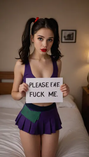 beautiful 18 year old, black hair, pigtails, red lipstick, green eyes, holding a sign that says, ((((please daddy fuck me in my ass)))), in the bedroom, Violet, Latte, freckles, cheerleader, pom, (cheerleading\), pleated, skirt, supermodel, face, big, lips, bellissima, 1girl