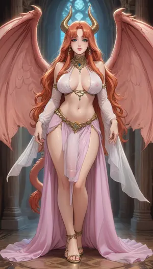 Score_9, score_8_up, score_7_up, reiq meets markgavatino and melkor mancin artstyle., (((transgender))), (((futanari))), trans, femboy, shemale, tranny, huge penis, penis poking out, huge testicles., (((extremely long hair))), ((luxurious hair)), thick hair, luscious hair, (((8 foot long hair))), ((hyper hair)), natural strawberry ginger hair, big wavy hair, (((floor dragging hair))), ((dragon anthro)), huge breasts, human face, thick body, curvy figure, massive breasts, thick tail, ((feathered dragon wings)), gold and fire red wings, angelic wings, shiny wings, ((4 wings)), (hip wings), 4 draconic horns that curve back menacingly, thick dragon tail, pastel color pallet., (((solo))), squishing breasts together seductively., ((belly dancer outfit)), large penis bulge, detailed penis bulge, detailed bulge, ((tip of penis poking out)), translucent clothing, breast curtain, nipples visible through cloths.

huge ass, wide hips, flared hips, bubble butt.

l0ngha1r, <lora:ratatatat74-000050:1.5>, <lora:cartoon_stickers_xl_v1:.7>, <lora:Long_hair_LoRA_for_SDXL_v2:1>, <lora:万享之翼_v3.0:1.3>