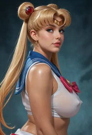 solo, side view, portrait, ((Sailor Moon)), obese, saggy boobs, nipple bulge, (reiq artstyle)