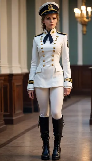 girl, naval officer, white military jacket, shako, leggings, lace-up boots