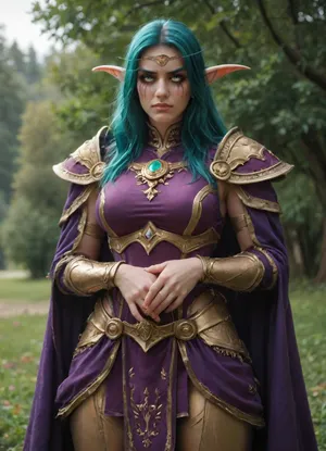 Night elf from world of warcraft, teal hair, (straight tall hair), silver circlet, jeweled circlet, long ears, revealing armor, (glowing eye), (closed mouth), (extreme makeup), hunter, wool flowing cloak, golden brooch, jeweled brooch, (disappointed:1.4), (tight pants), (hulking armor), cotton tabard, purple tabard green accents, gold trim, thick knight armor, (legs spread), pussy, (huge thick thighs), forced, pelvic curtain, dynamic pose, detailed, eyes, perfect, freckles, skin, texture, photorealistic, <lora:Super_Eye_Detailer_By_Stable_Yogi_SDPD0:1.2>