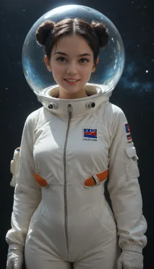 masterpiece, best quality, 1girl, solo, black hair, spacesuit, black background, space, star, (sky), double bun, bun cover, cowboy shot, dutch angle, (floating), looking at viewer, v-shaped eyebrows, smile, parted lips