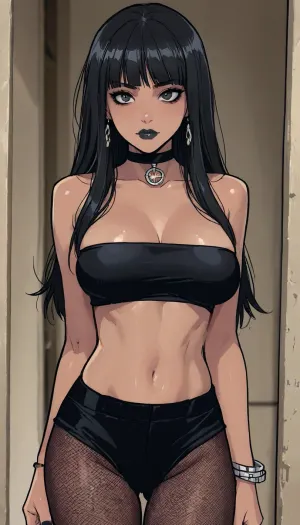 ((Melkor mancin meet markgavatino style)), reiq style, masterpiece, (1woman, 8k resolution, ultra-detailed), (dark skin:1.5), bimbo body, giant ass, perfect hourglass, giant breasts, goth makeup, black lipstick, ((very long black hair, fringe)), black tube top, black pantyhose, black fishnet, ratatatat74, <lora:ratatatat74-000050:.8>, <lora:LCMTurboMix_Euler_A_fix:.7>, <lora:mk_Bp Anime_xl:1.6>, <lora:焦茶_XL:1.8>, <lora:EnvyPastelAnimeXL01:1.5>